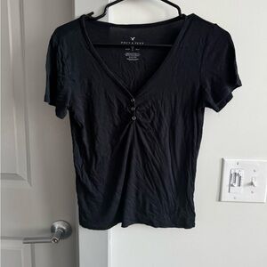 Black V-Neck Buttoned Top